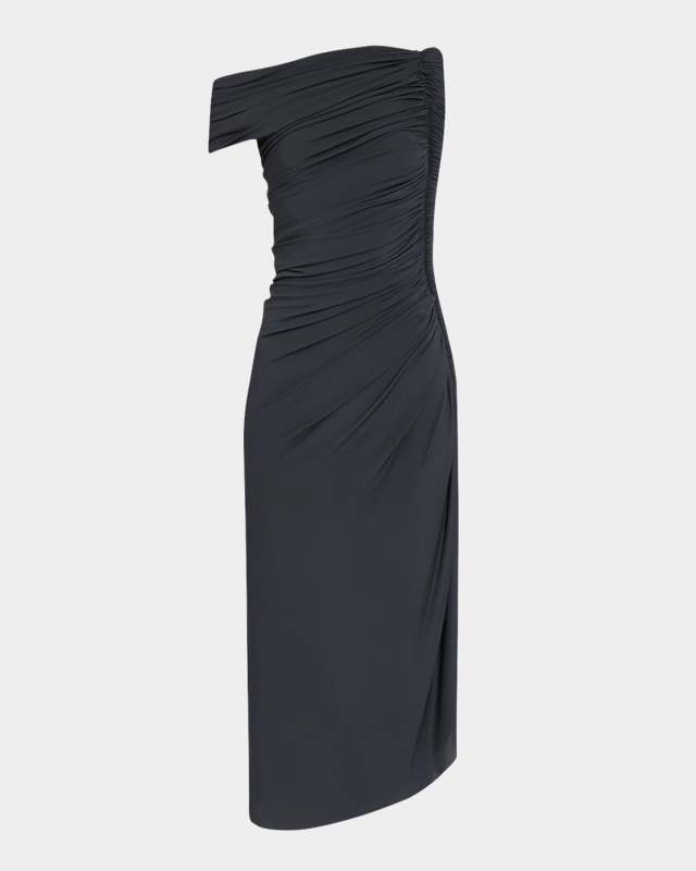 Asymmetric Ruched Off-Shoulder Midi Dress